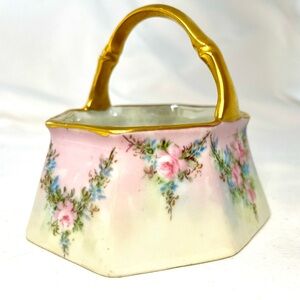 Vtg RECORD Germany Porcelain Basket Pink Floral Gold Handle Lusterware Trinket